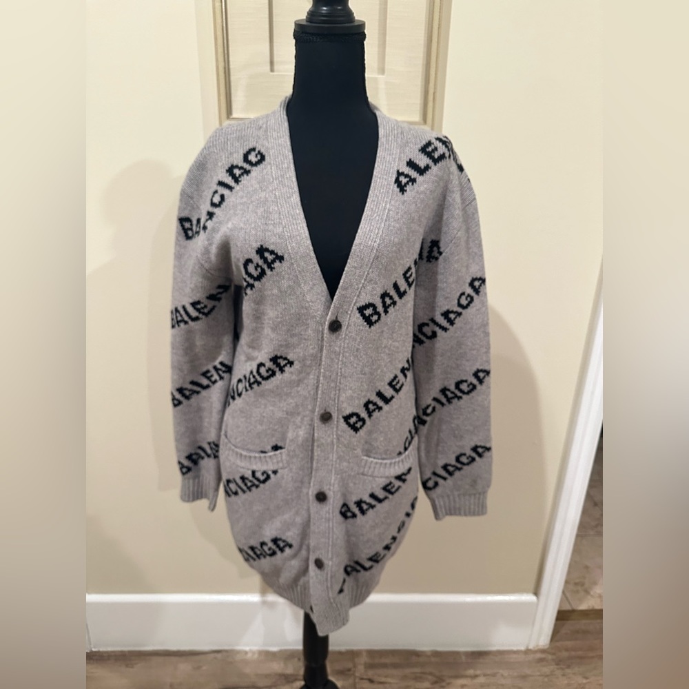 Authentic Balenciaga All Over Logo Cardigan. Grey. Size Small